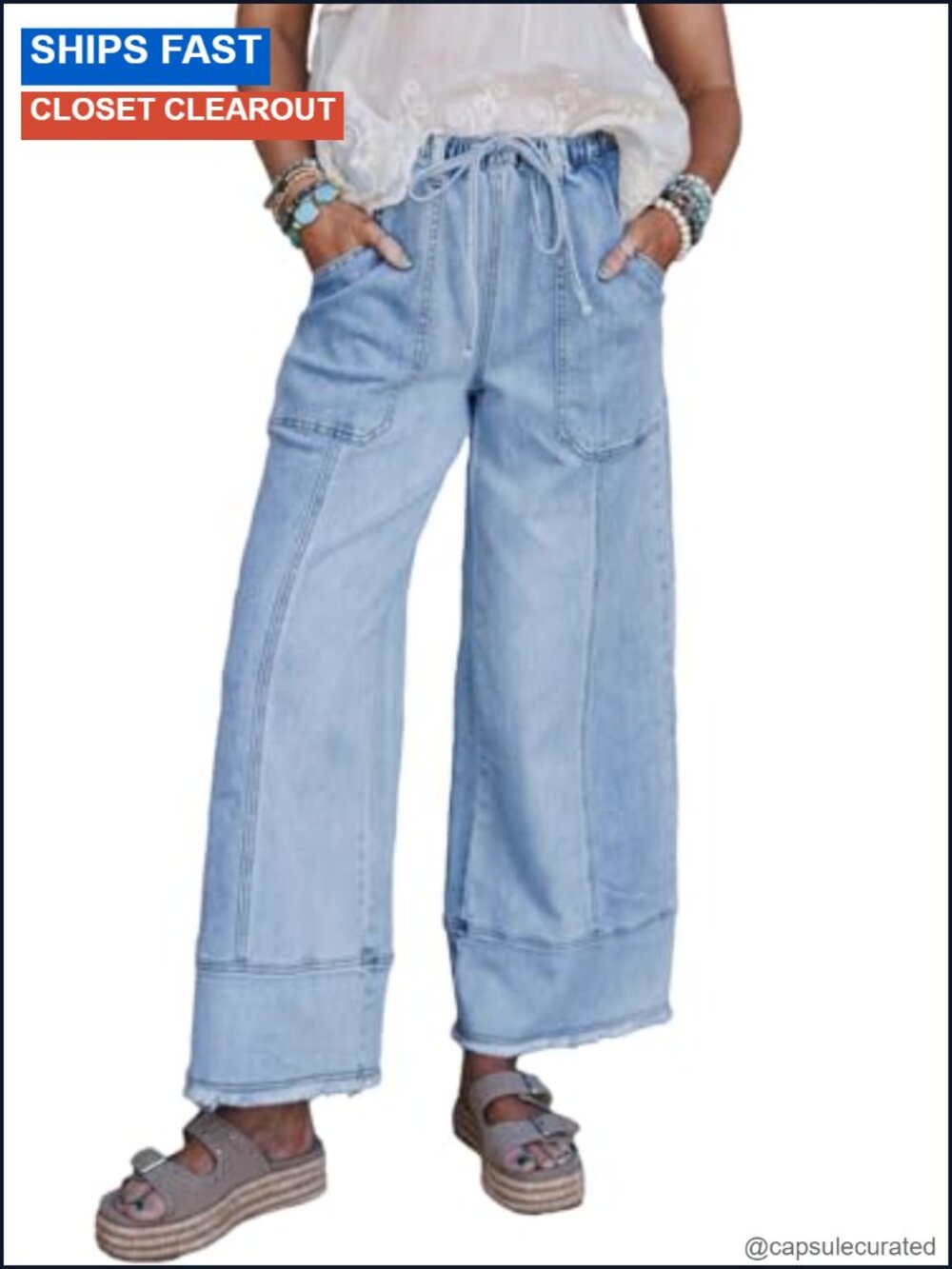 Wide Leg High Waisted Baggy Stretchy Drawstring Denim Pants